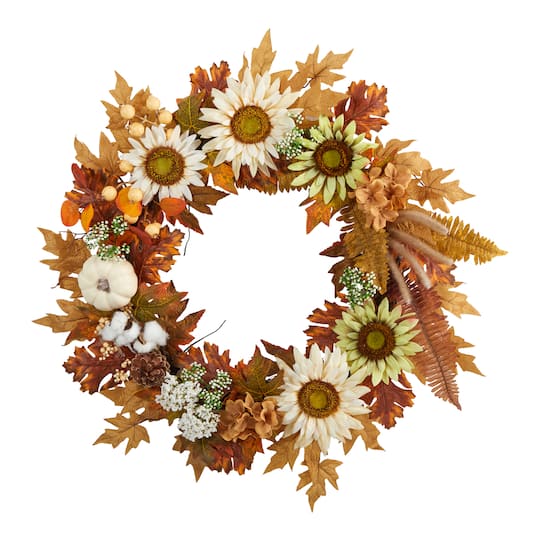 30&#x22; Sunflower, White Pumpkin &#x26; Berries Fall Wreath